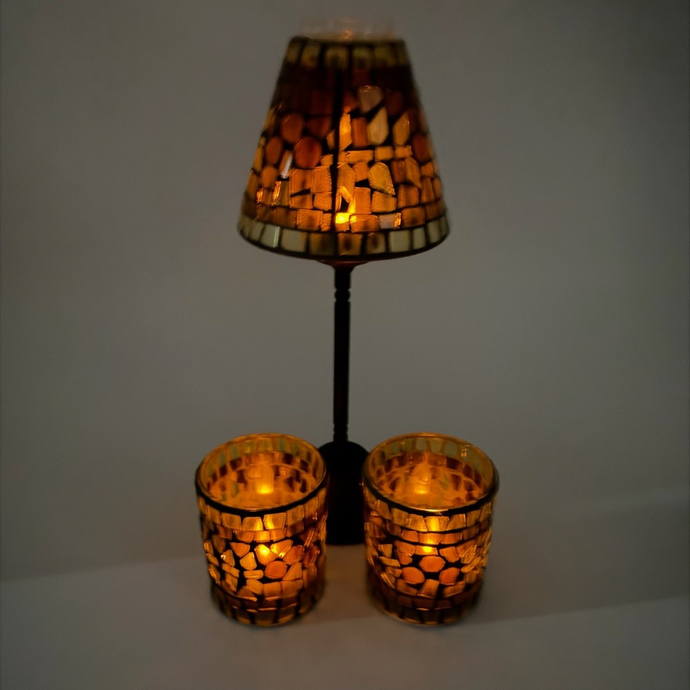 Mosaic Glass Candle Holders SET of 3 Tea Light Votive Lantern Amber Red Green